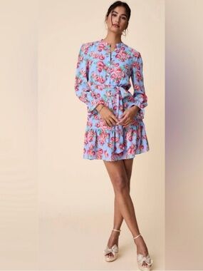 UNTUCKit Blue Floral Dress Sz 12 NWT Tie Waist Ruffle Hem Button Front Romantic